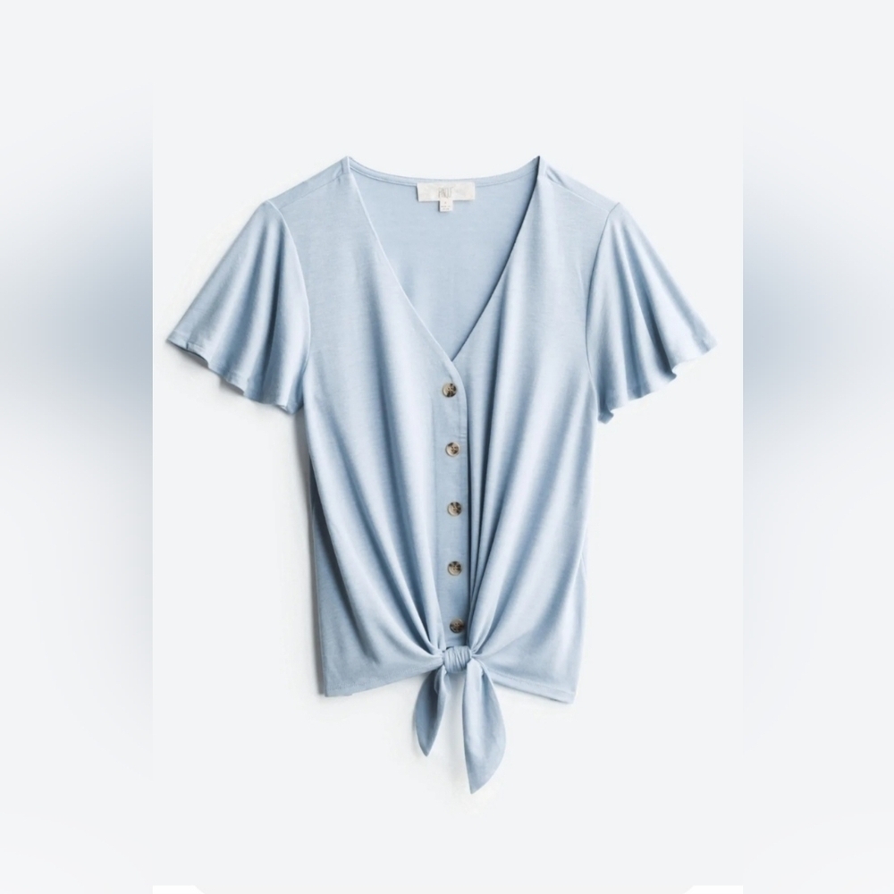 NWT, PINQUE Levona Button Down Tie Front Knit Top, Light Blue, Size Medium
